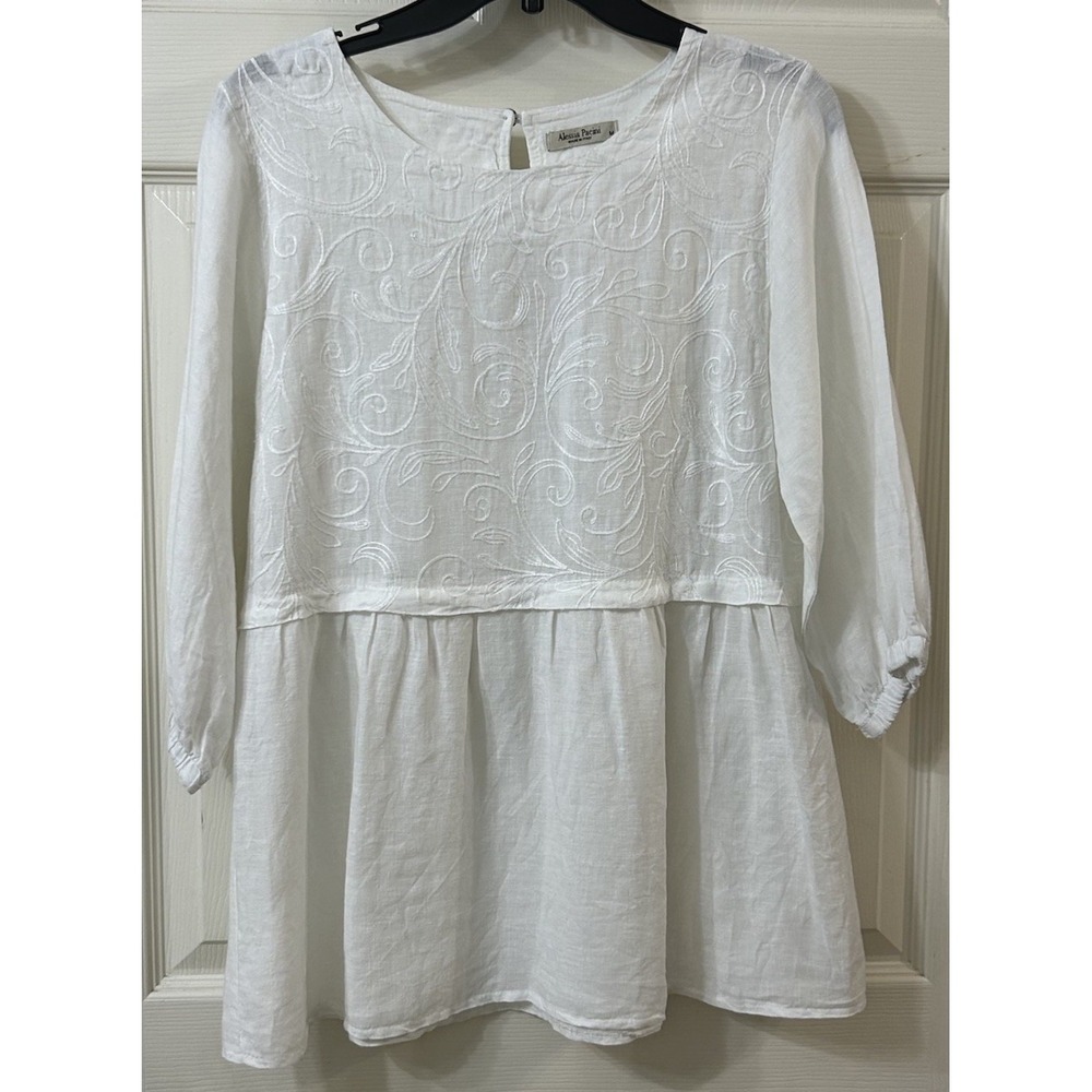 Alessia Pacini White Linen Peplum Embroidered Tunic 3/4 Slv White Italy Med EUC
